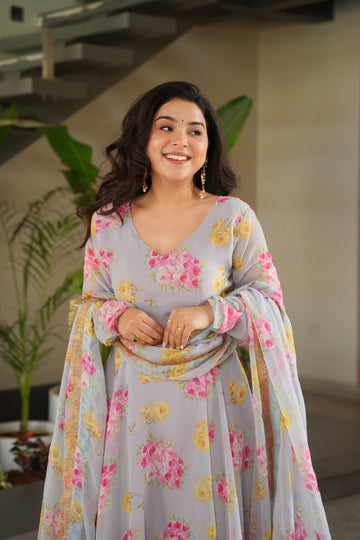BEAUTIFUL GRAY SUIT FLORAL GOWN :3 piece suit(top,bottom&dupatta)