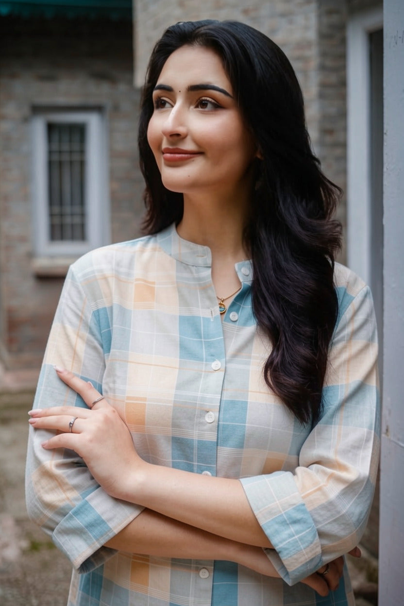Sky Blue Pure Cotton Checkered Co-Ord Set