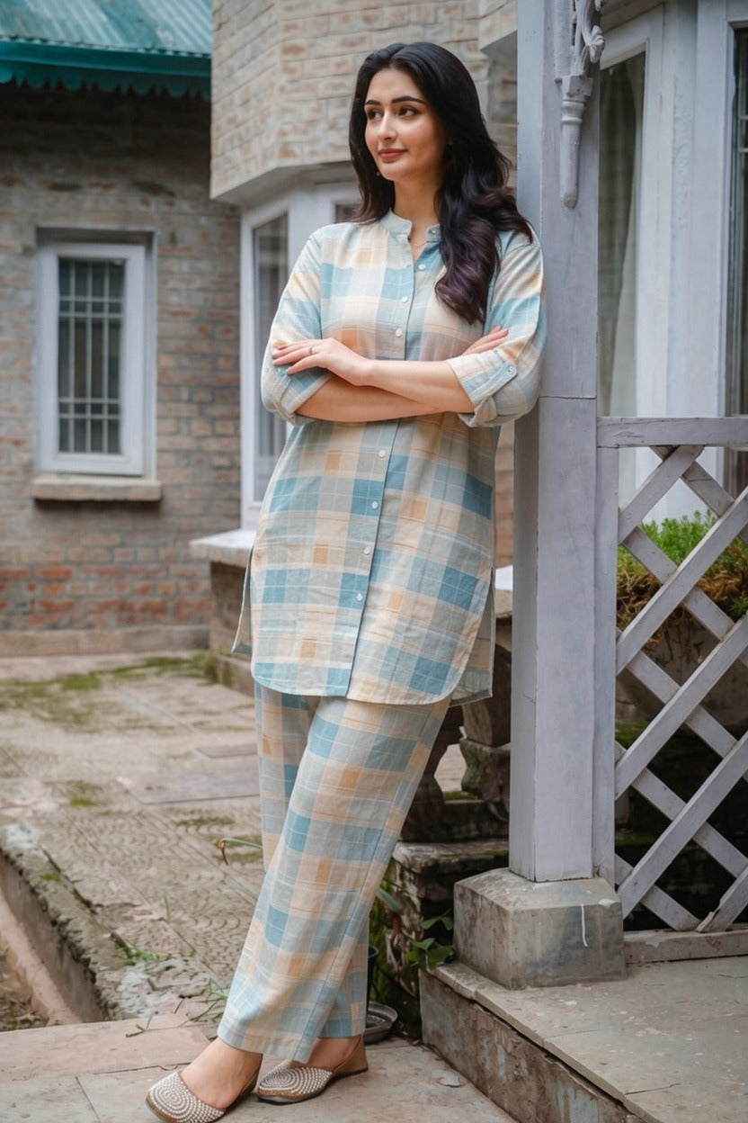 Sky Blue Pure Cotton Checkered Co-Ord Set