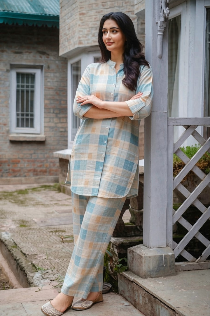 Sky Blue Pure Cotton Checkered Co-Ord Set