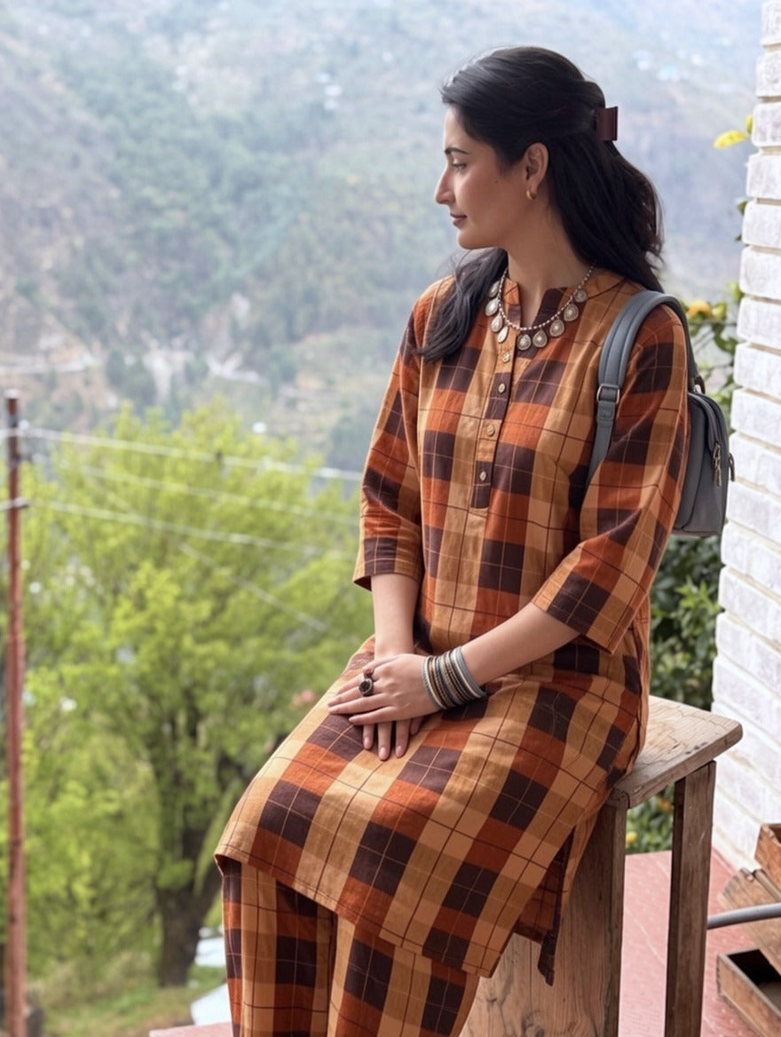 Mocha Check Cotton Co-Ord Set
