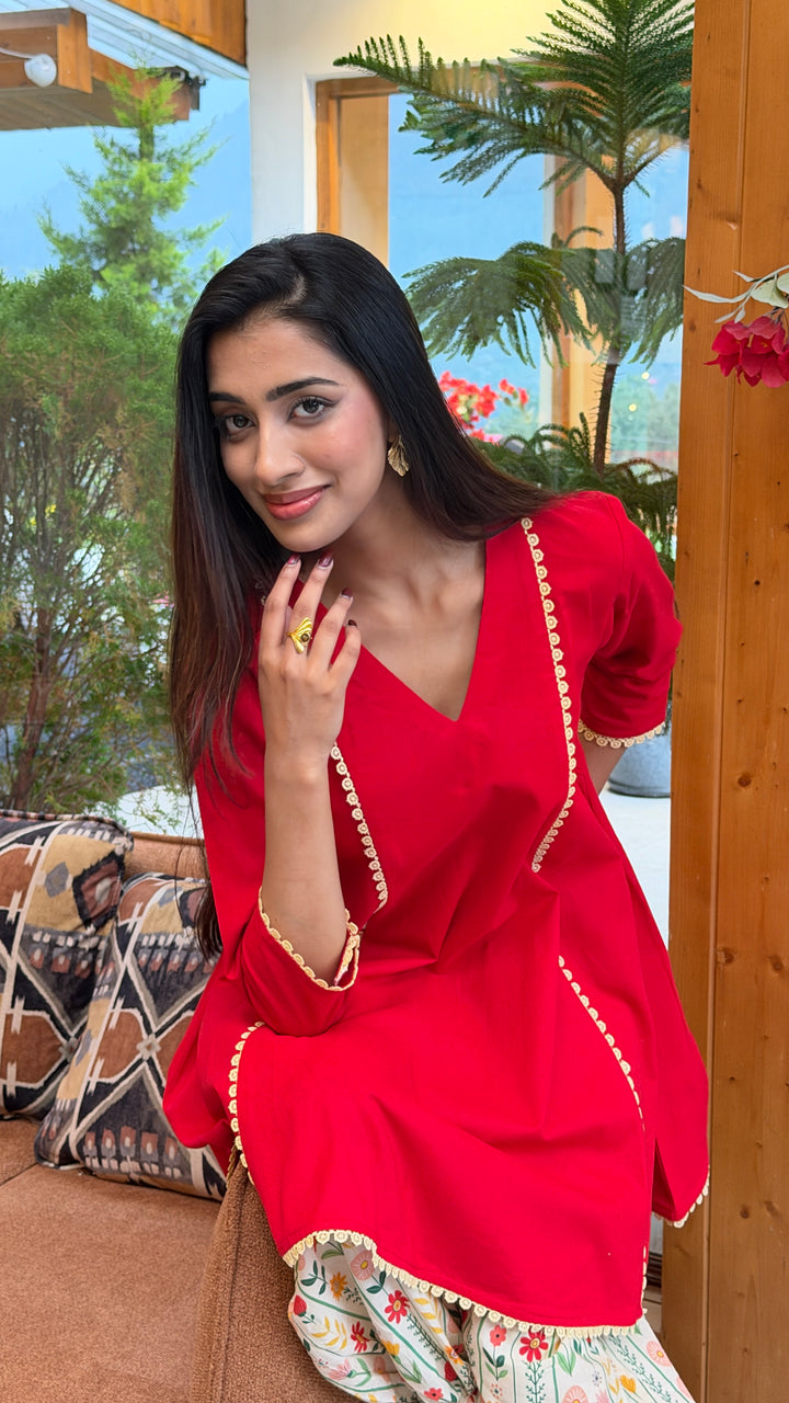 Classic Red Cotton Co-Ord Set with Floral Printed Pants