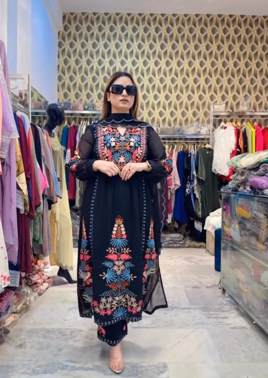 Embroidered Kurta Set with Plazo & Dupatta :3 piece suit(top,bottom&dupatta)