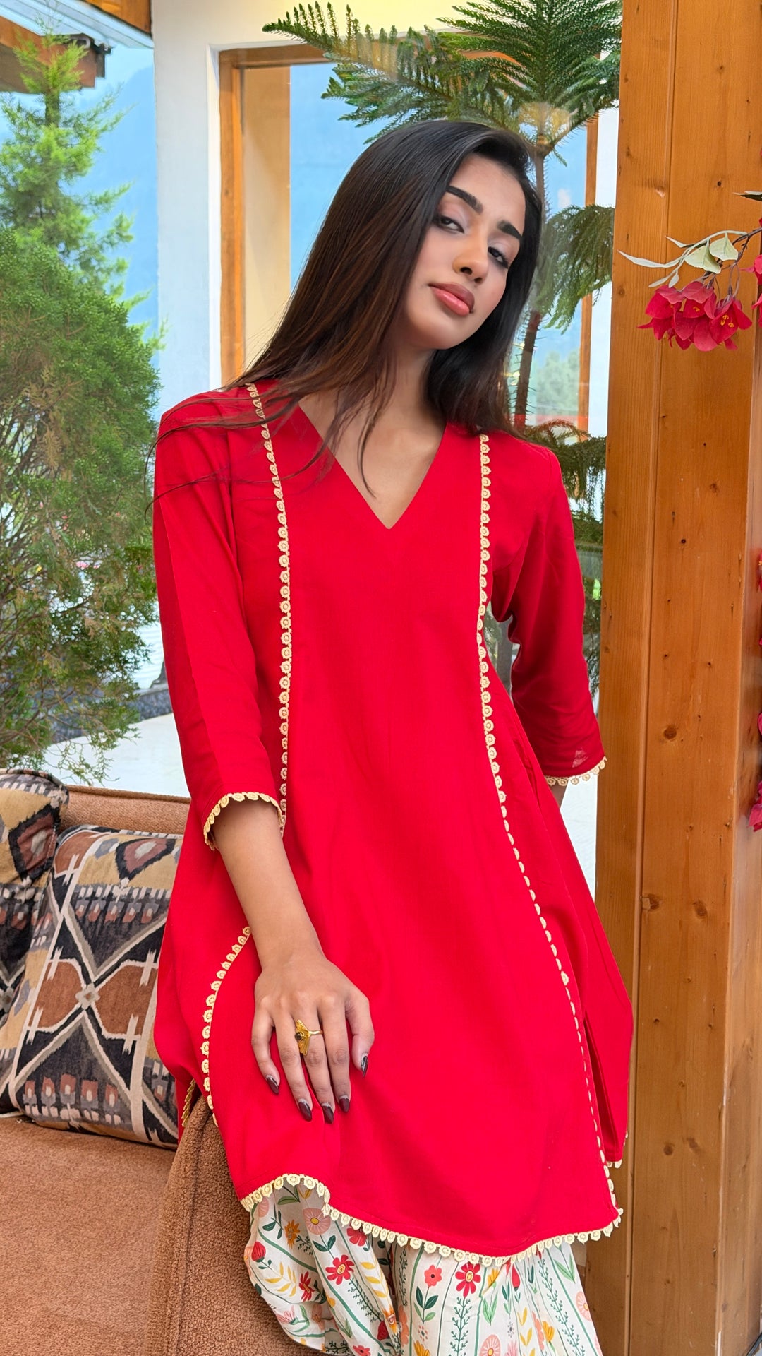 Classic Red Cotton Co-Ord Set with Floral Printed Pants