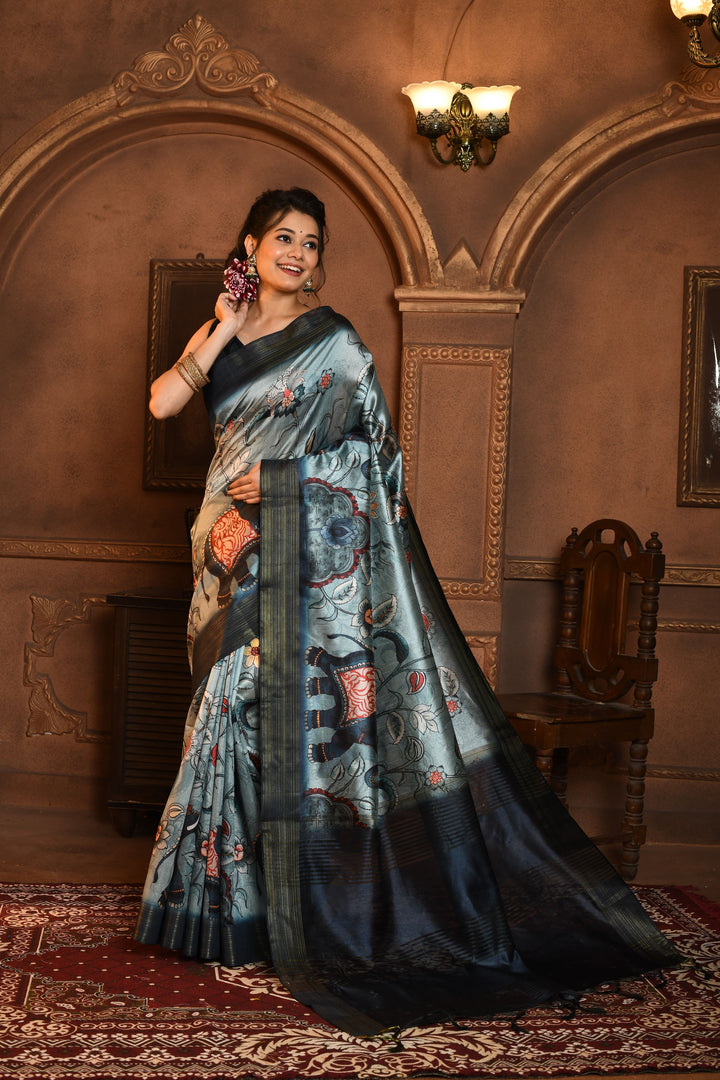 ELEPHANT SOFT GHICHA TUSSAR SILK SAREE WITH BEAUTIFUL KALAMKARI PRINT SOFT PALLU