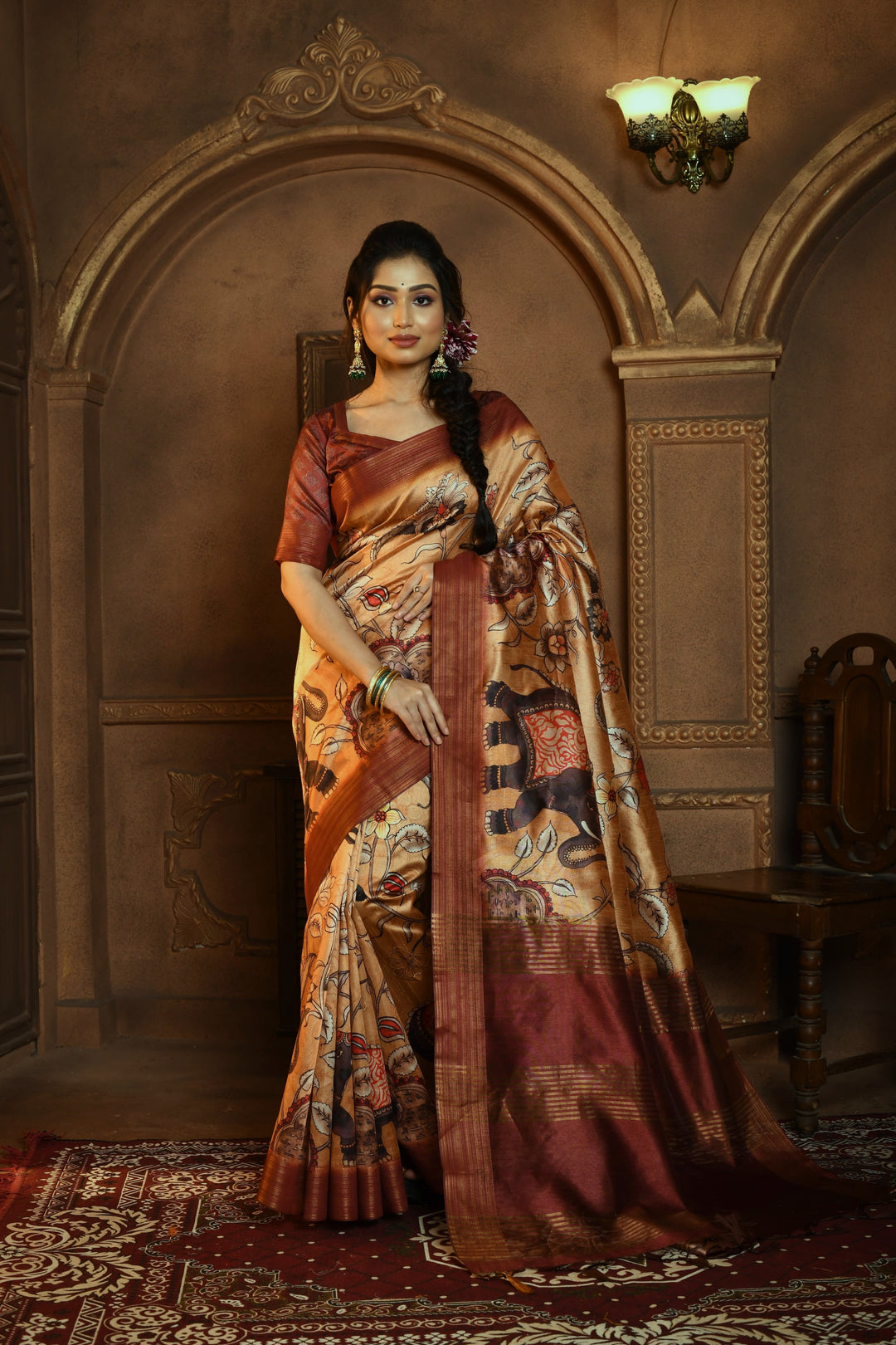 ELEPHANT SOFT GHICHA TUSSAR SILK SAREE WITH BEAUTIFUL KALAMKARI PRINT SOFT PALLU