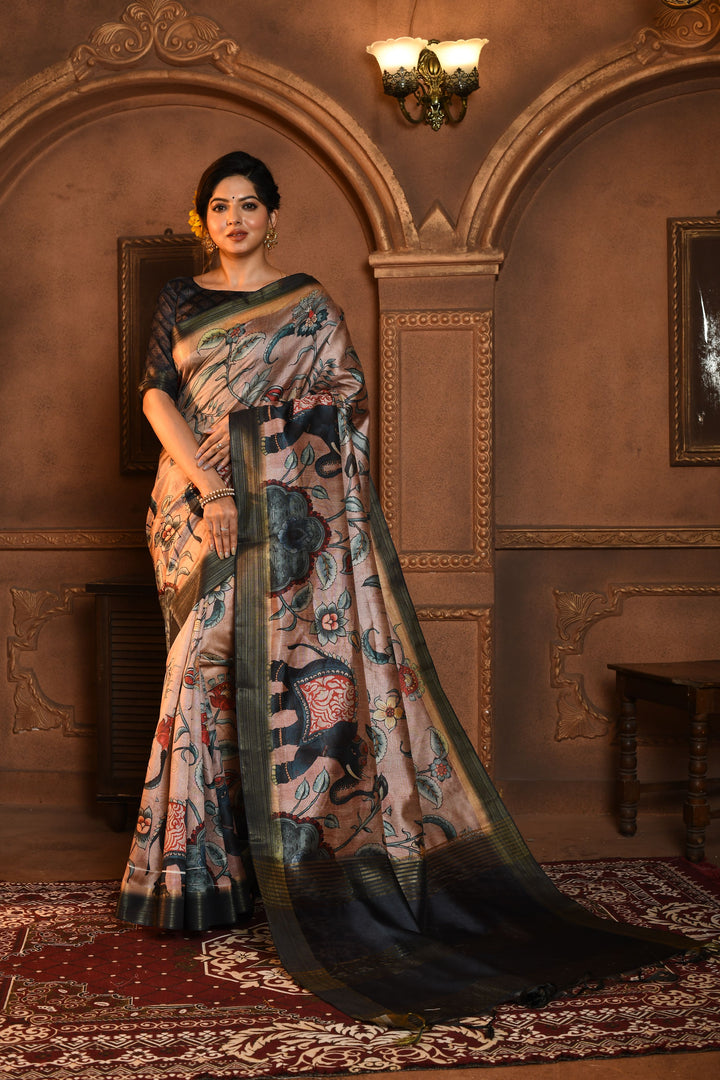 ELEPHANT SOFT GHICHA TUSSAR SILK SAREE WITH BEAUTIFUL KALAMKARI PRINT SOFT PALLU