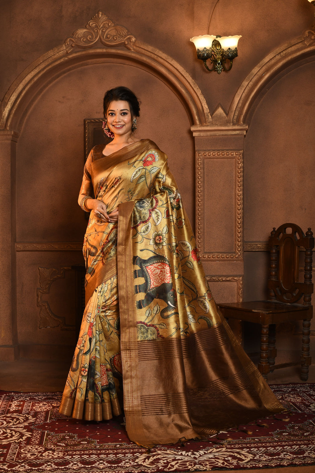 ELEPHANT SOFT GHICHA TUSSAR SILK SAREE WITH BEAUTIFUL KALAMKARI PRINT SOFT PALLU