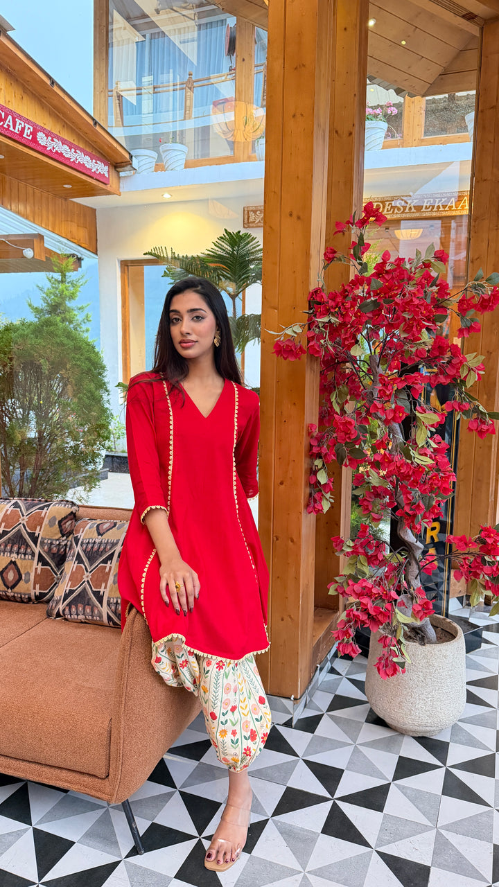 Classic Red Cotton Co-Ord Set with Floral Printed Pants