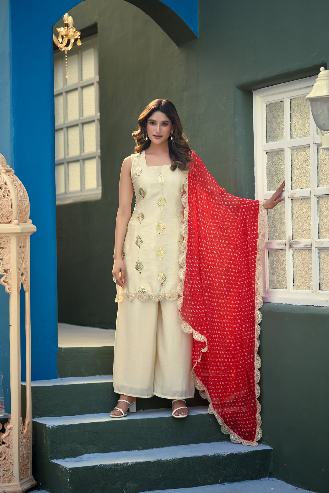 Chinon Embroidery Sharara Set With Royal Bandhani Dupatta