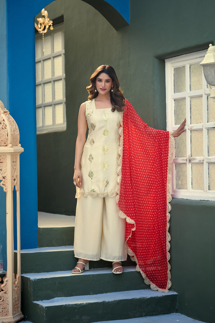 Chinon Embroidery Sharara Set With Royal Bandhani Dupatta