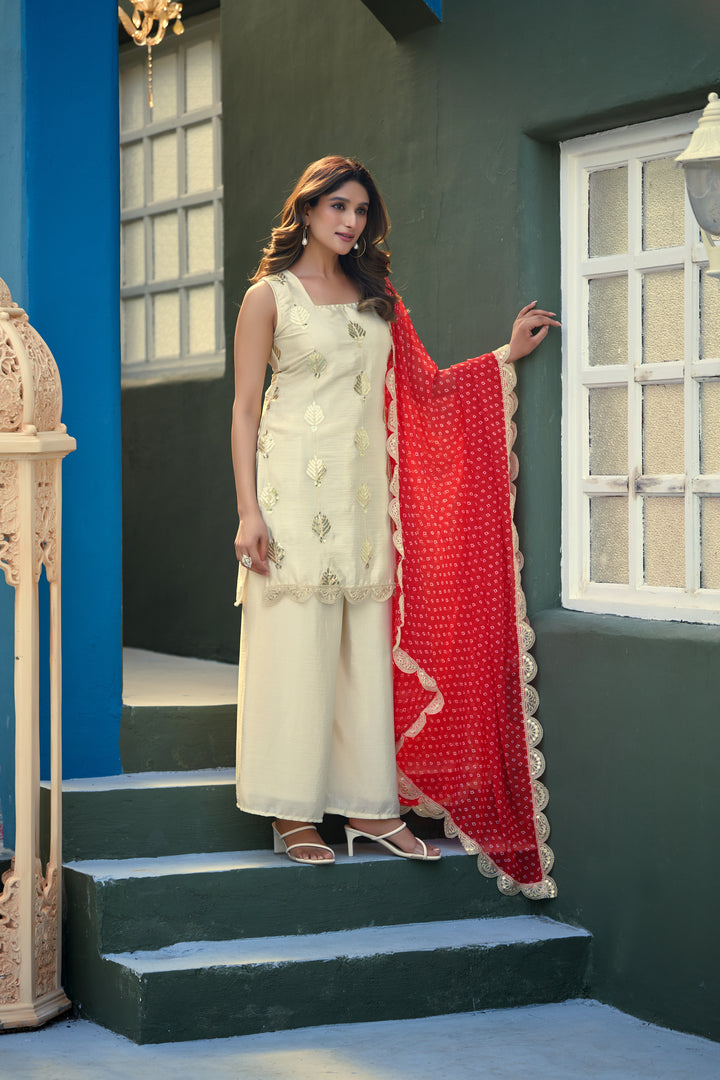 Chinon Embroidery Sharara Set With Royal Bandhani Dupatta