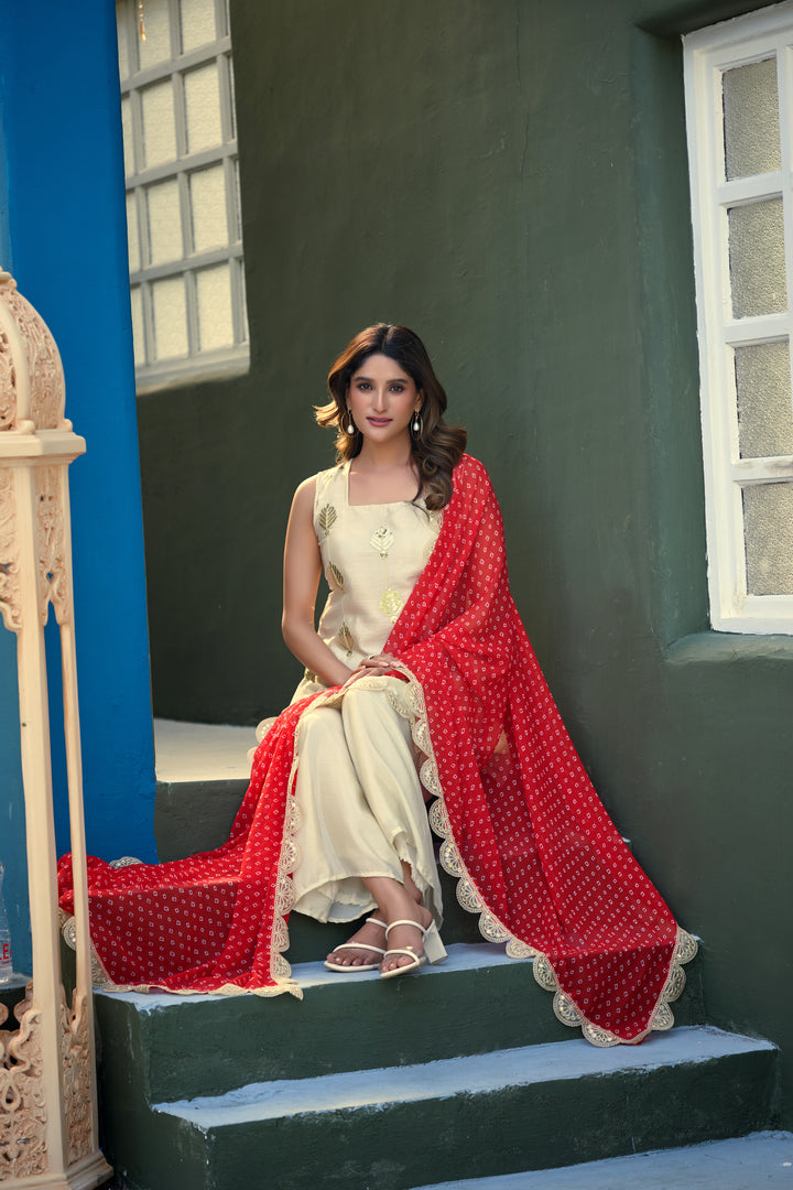 Chinon Embroidery Sharara Set With Royal Bandhani Dupatta