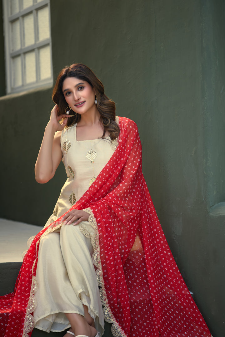 Chinon Embroidery Sharara Set With Royal Bandhani Dupatta