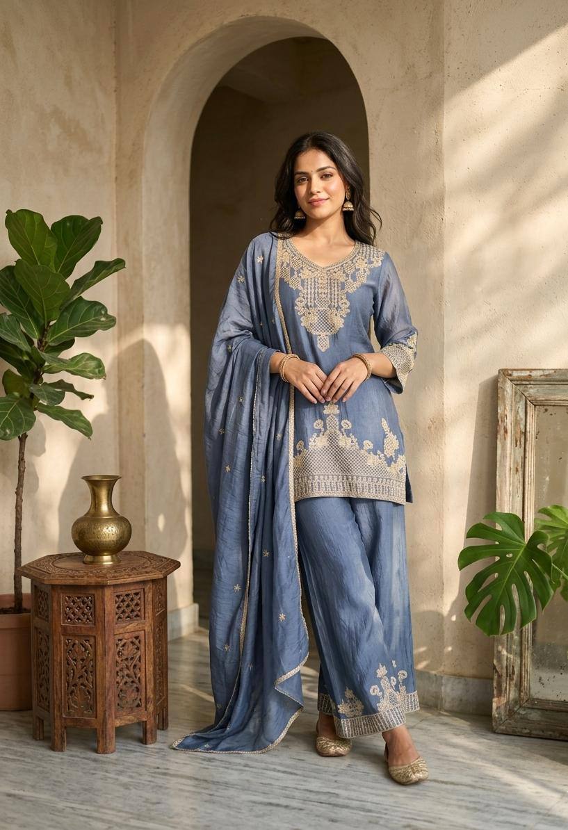 Classic Embroidered Palazzo Suit With Designer Dupatta