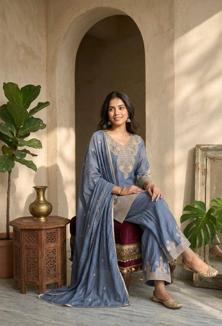 Classic Embroidered Palazzo Suit With Designer Dupatta