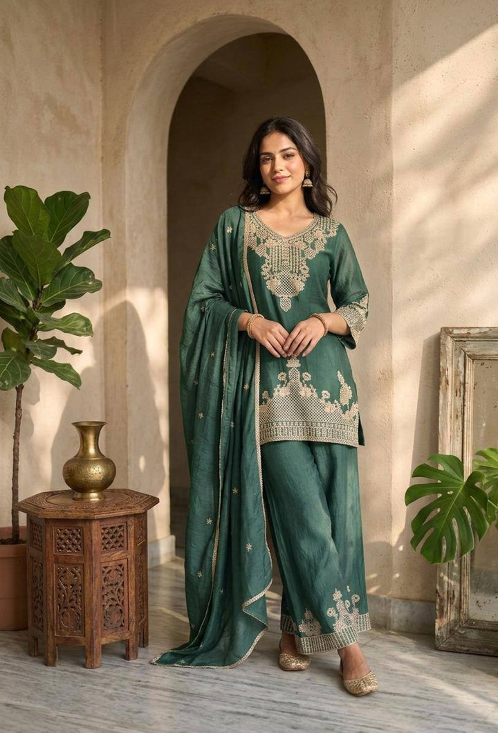 Classic Embroidered Palazzo Suit With Designer Dupatta