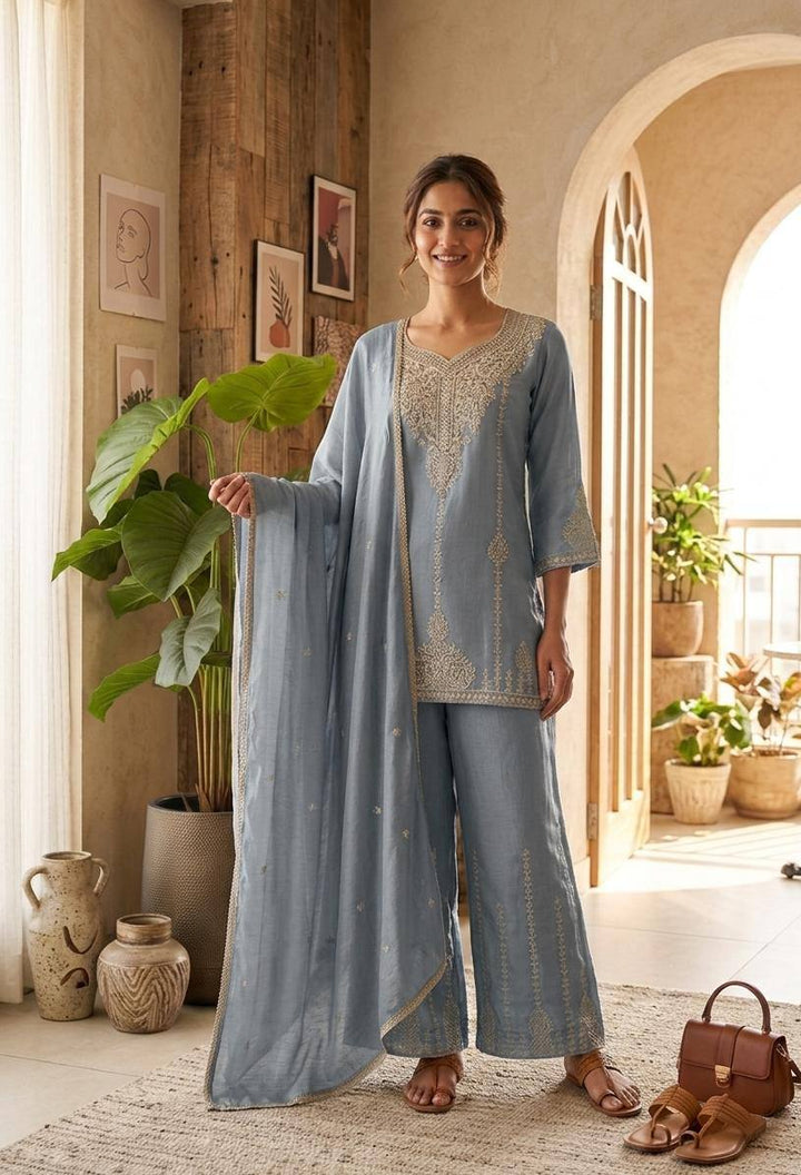 Women’s Embroidered Vichitra Ethnic Set