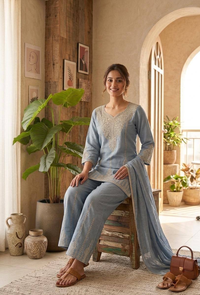Women’s Embroidered Vichitra Ethnic Set