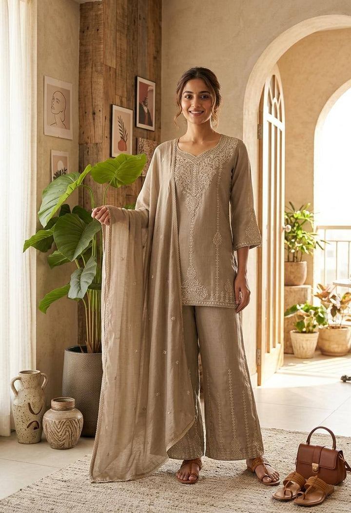 Women’s Embroidered Vichitra Ethnic Set
