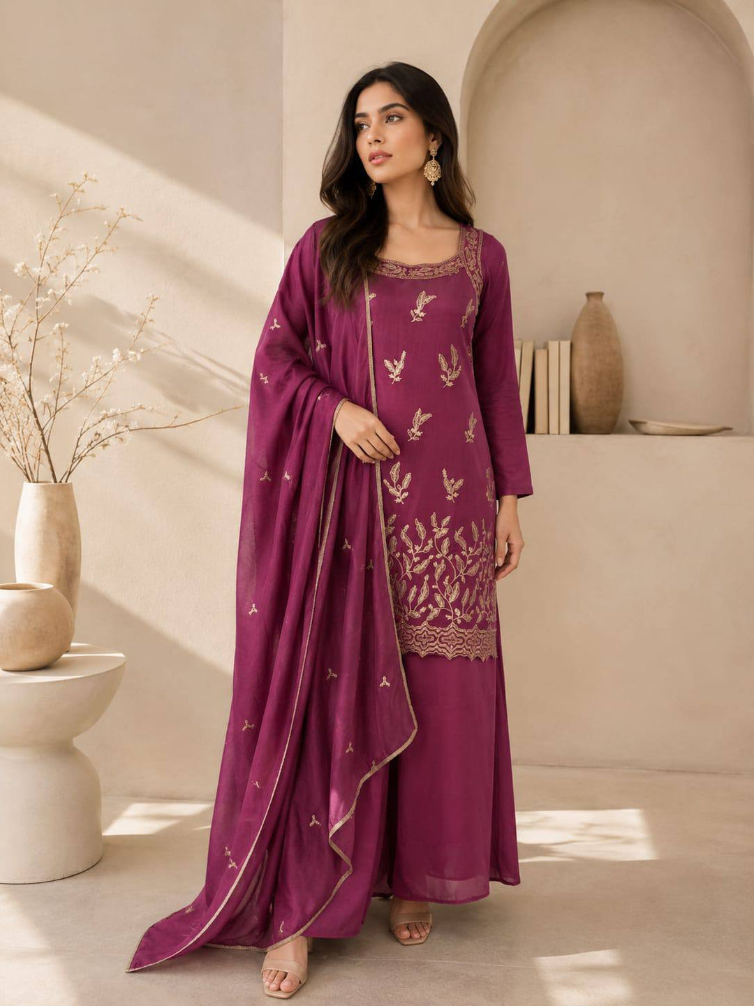 Floral Zari Work Kurta Palazzo Dupatta Set