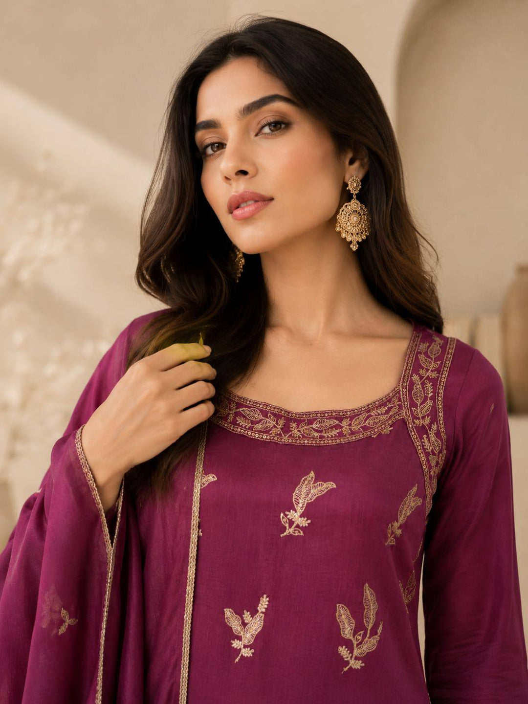 Floral Zari Work Kurta Palazzo Dupatta Set