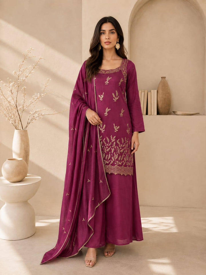 Floral Zari Work Kurta Palazzo Dupatta Set