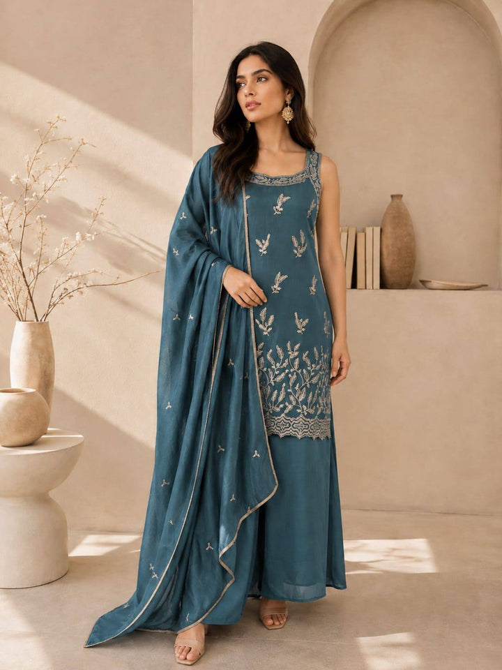 Floral Zari Work Kurta Palazzo Dupatta Set