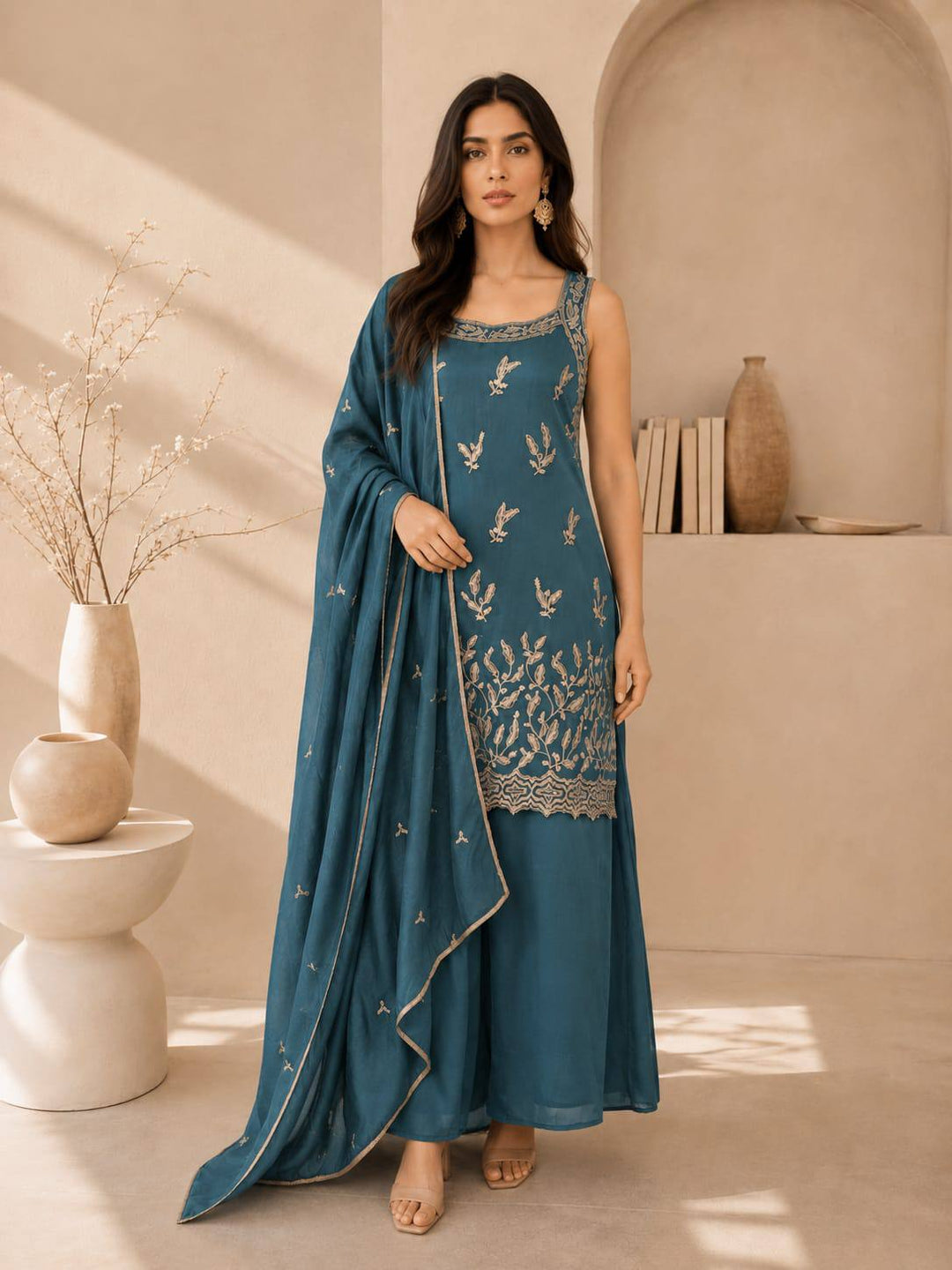Floral Zari Work Kurta Palazzo Dupatta Set