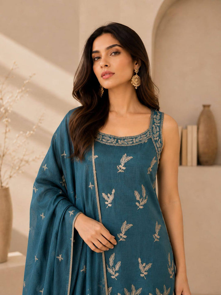 Floral Zari Work Kurta Palazzo Dupatta Set