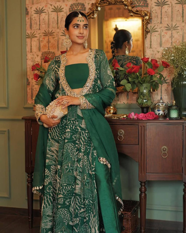 NEW TRENDY FOUR PIECE INDO WESTERN TOP BOTTOM BLOUSE WITH DUPATTA IN EMBROIDERED WORK