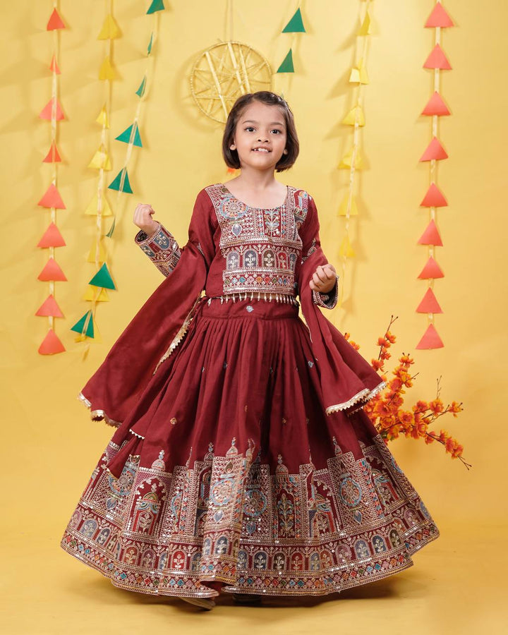 Red Festival Style Ready Vichitra Lehenga Choli Set
