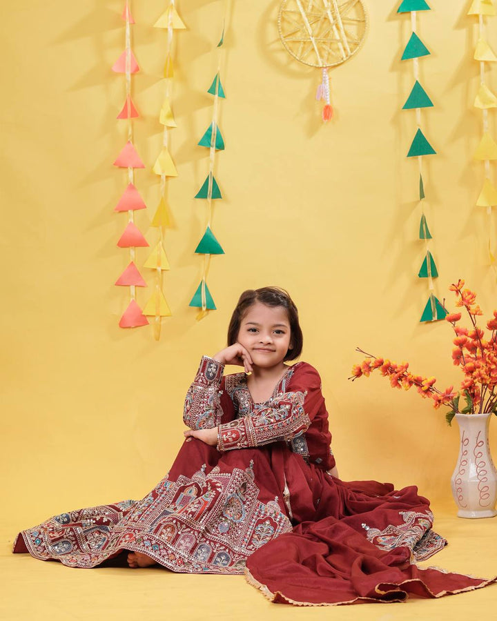 Red Festival Style Ready Vichitra Lehenga Choli Set