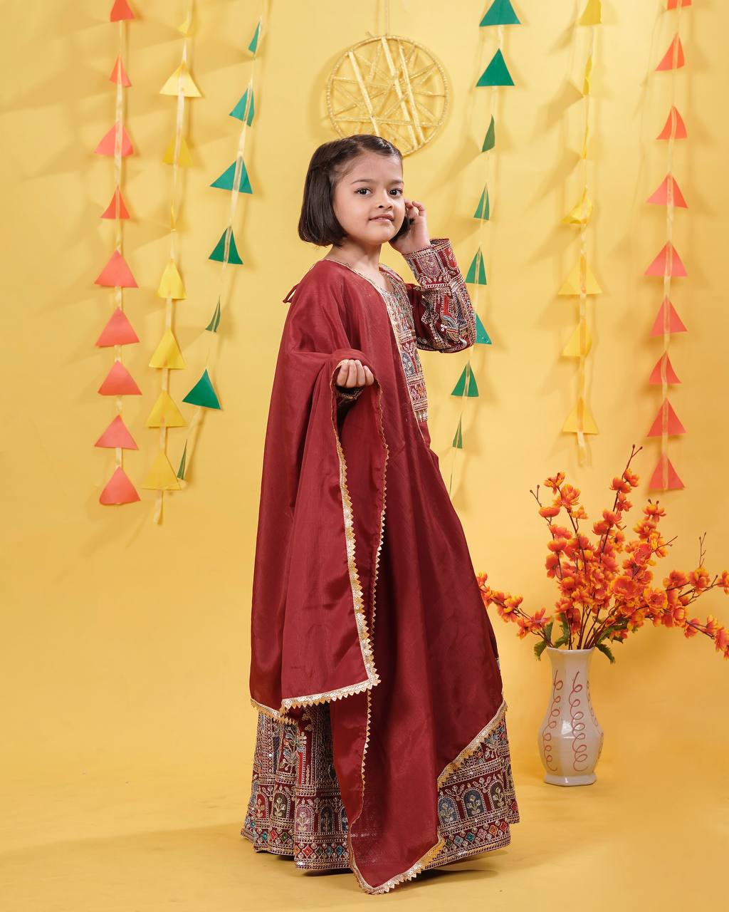 Red Festival Style Ready Vichitra Lehenga Choli Set