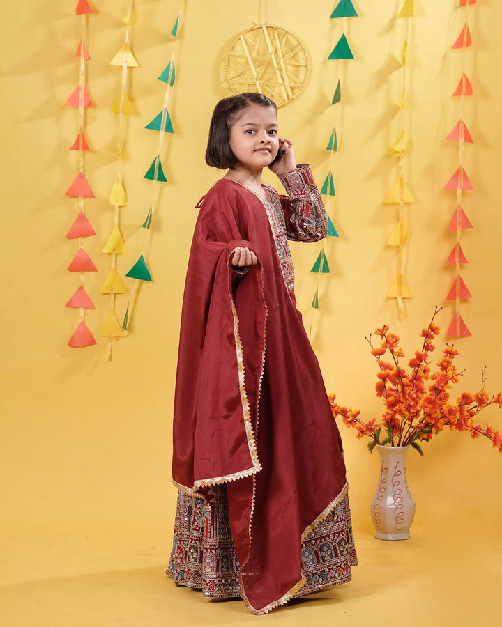 Red Festival Style Ready Vichitra Lehenga Choli Set