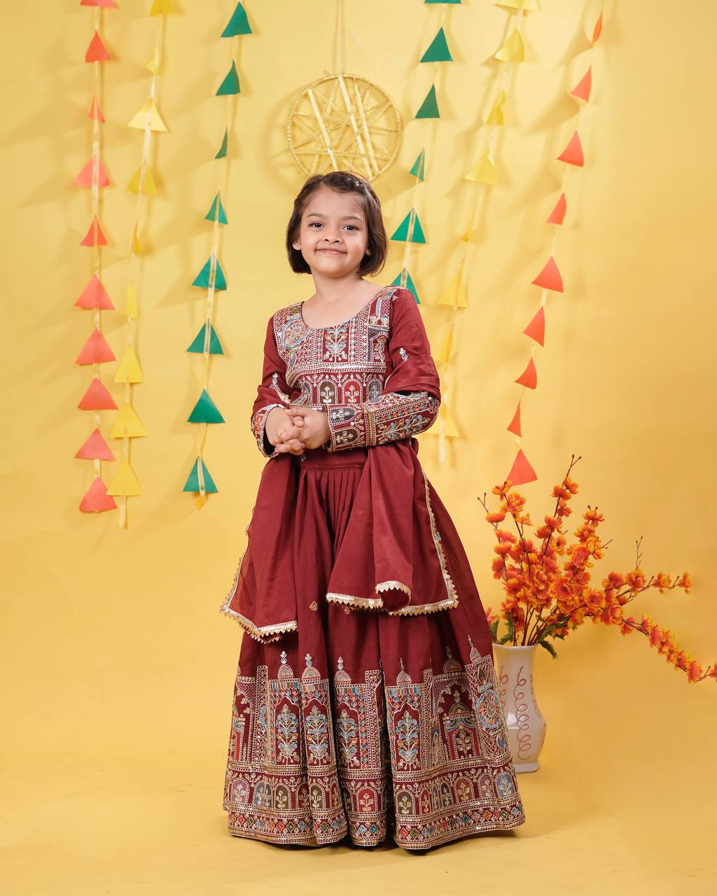 Red Festival Style Ready Vichitra Lehenga Choli Set