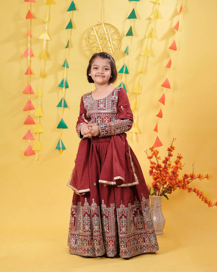 Red Festival Style Ready Vichitra Lehenga Choli Set
