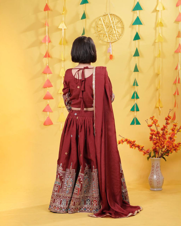 Red Festival Style Ready Vichitra Lehenga Choli Set