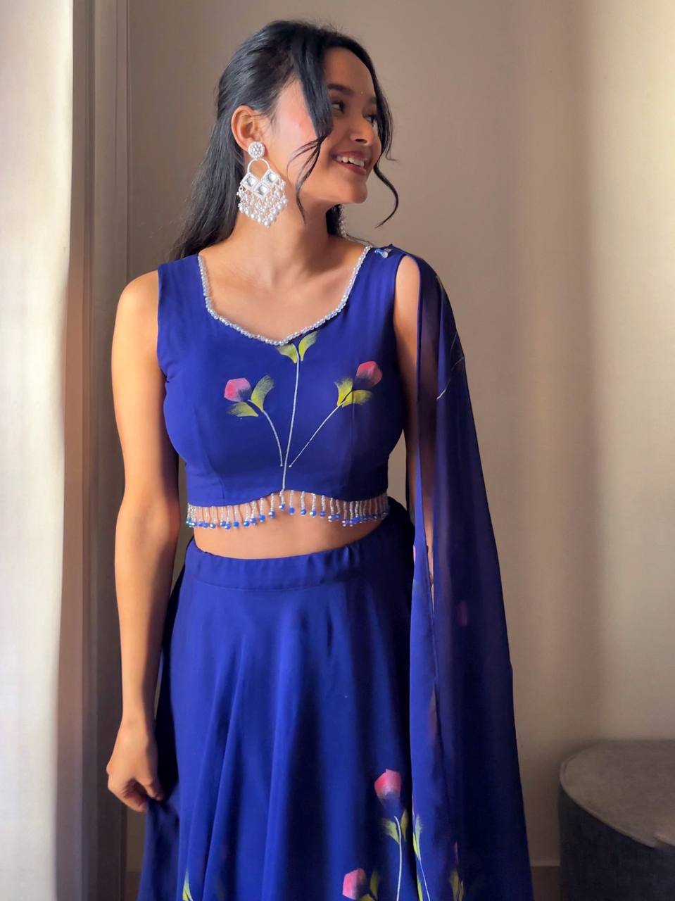 Hand-Painted Georgette Lehenga Set with Draped Dupatta Blouse
