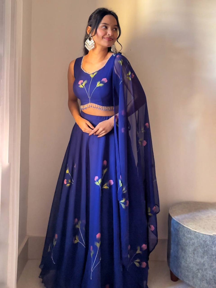 Hand-Painted Georgette Lehenga Set with Draped Dupatta Blouse