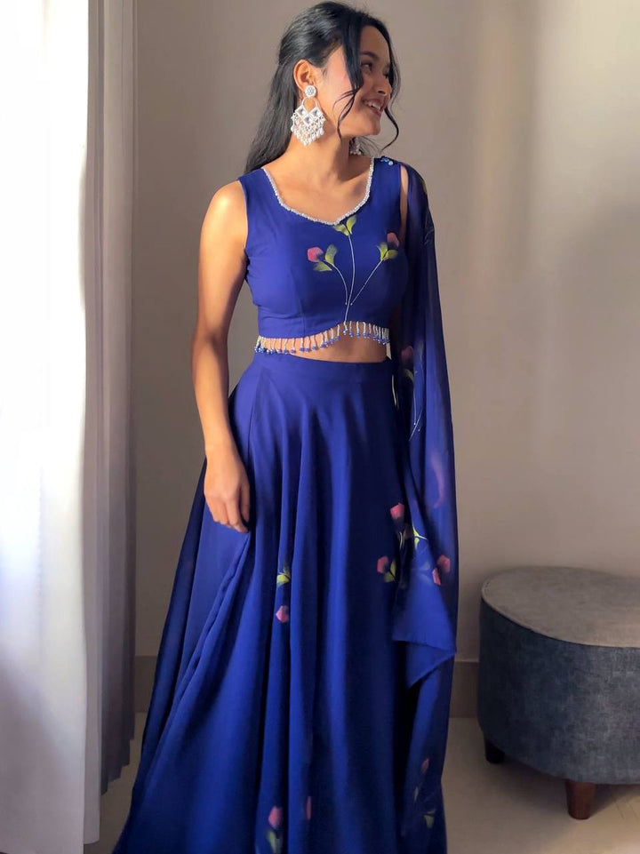 Hand-Painted Georgette Lehenga Set with Draped Dupatta Blouse