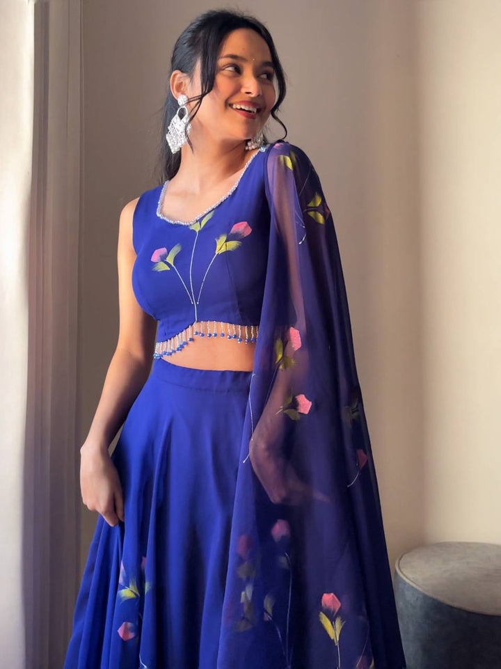 Hand-Painted Georgette Lehenga Set with Draped Dupatta Blouse