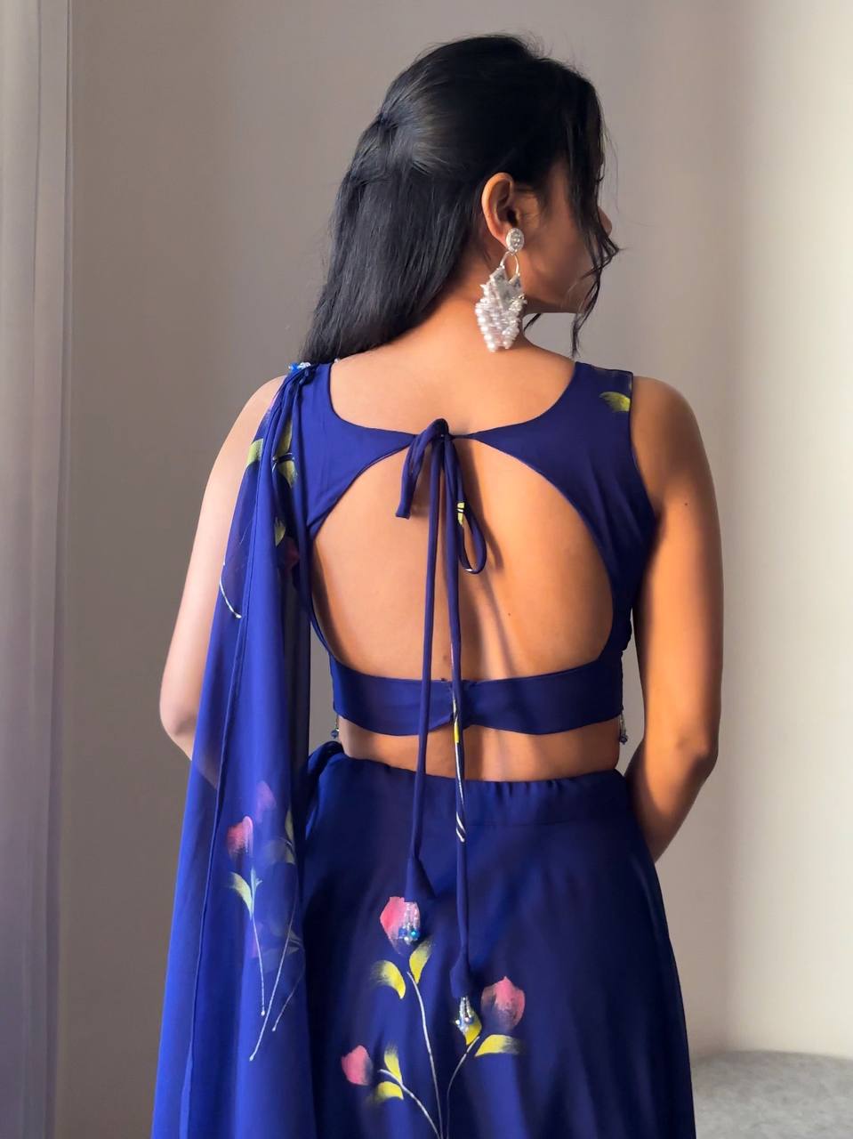 Hand-Painted Georgette Lehenga Set with Draped Dupatta Blouse