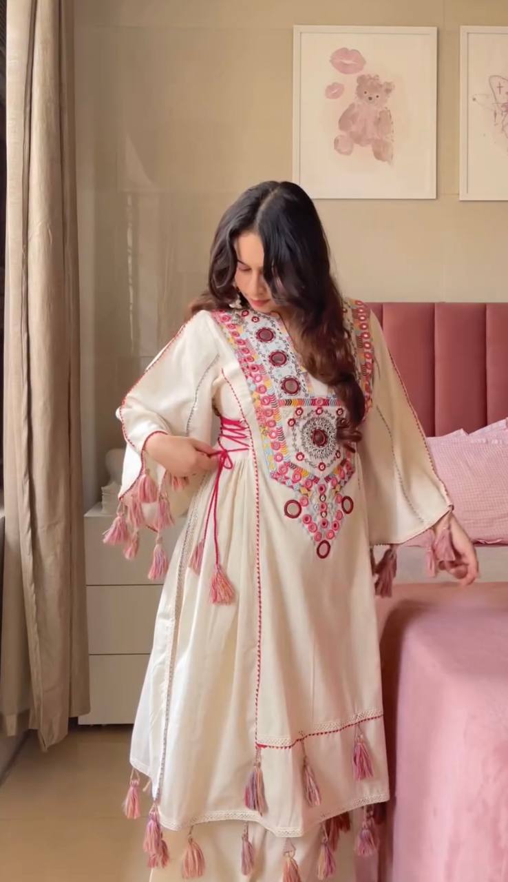Pure Khadi Cotton Embroidered Top & Plazzo Set