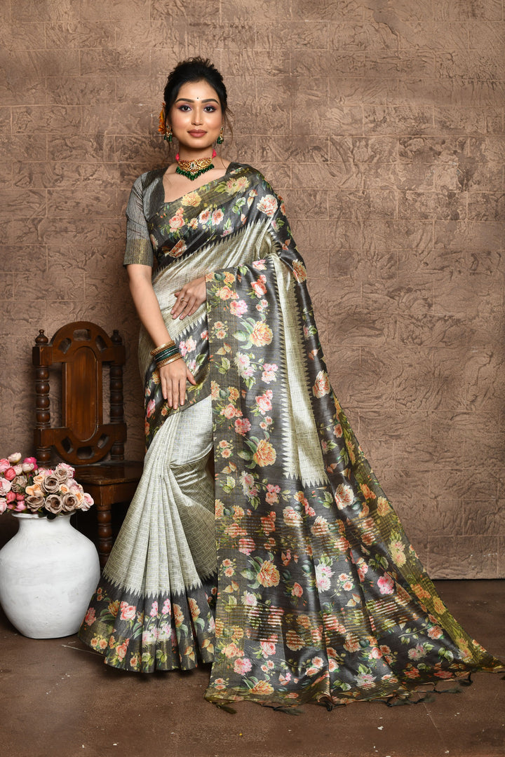 TUSSAR SILK SAREE WITH BEAUTIFUL FLORAL FLOWER PRINTED BORDER