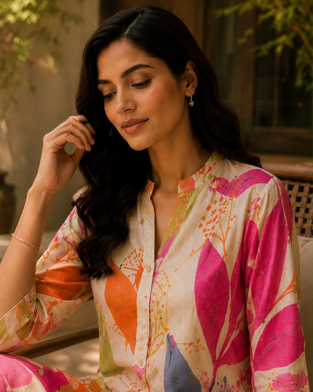 Elegant Floral Printed Roman Silk Kurta Pant Set for Women – Multicolor