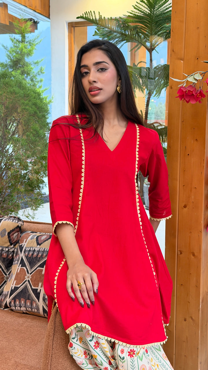 Classic Red Cotton Co-Ord Set with Floral Printed Pants