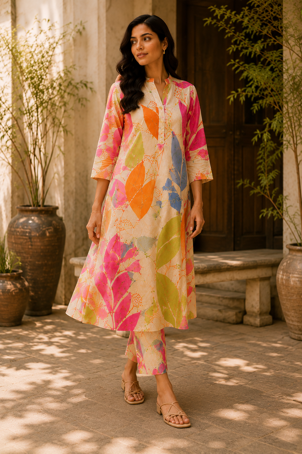 Elegant Floral Printed Roman Silk Kurta Pant Set for Women – Multicolor