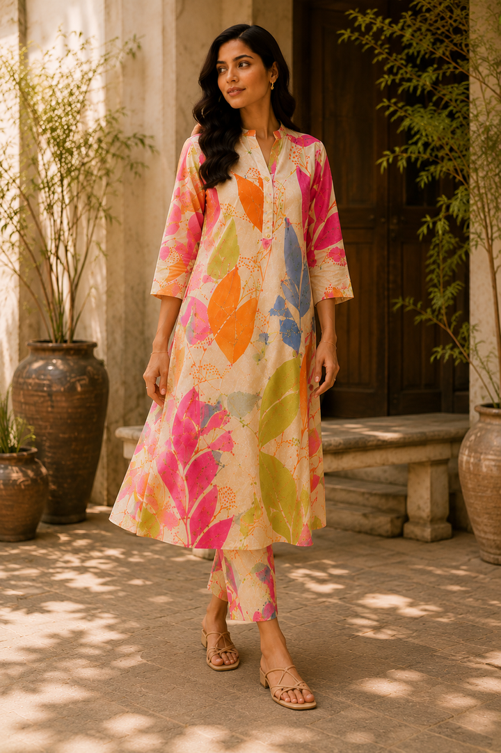 Elegant Floral Printed Roman Silk Kurta Pant Set for Women – Multicolor