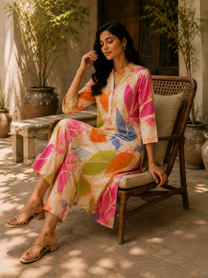 Elegant Floral Printed Roman Silk Kurta Pant Set for Women – Multicolor